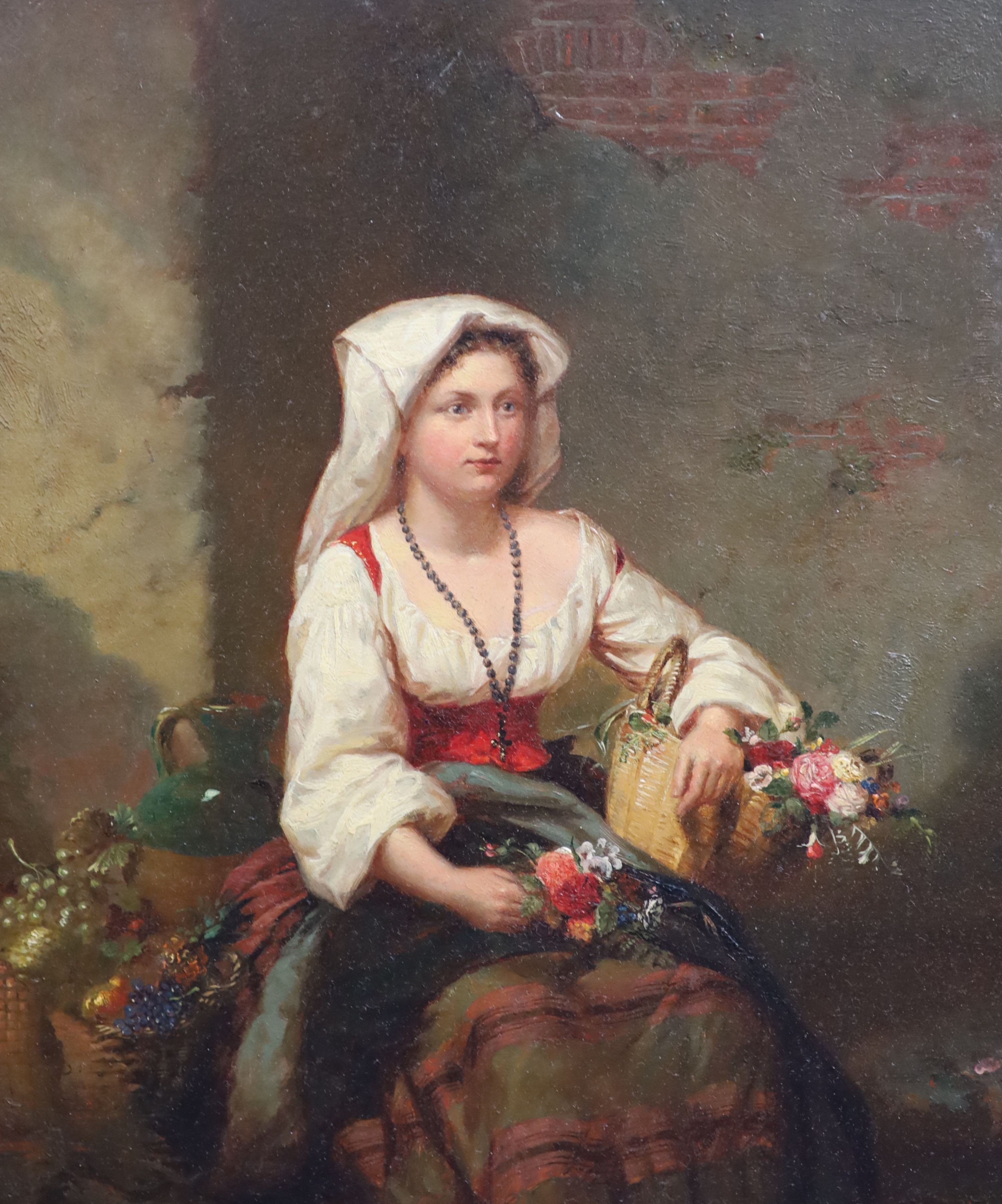 19th century English School, The Flower Seller, Oil on millboard, 29 x 24cm.